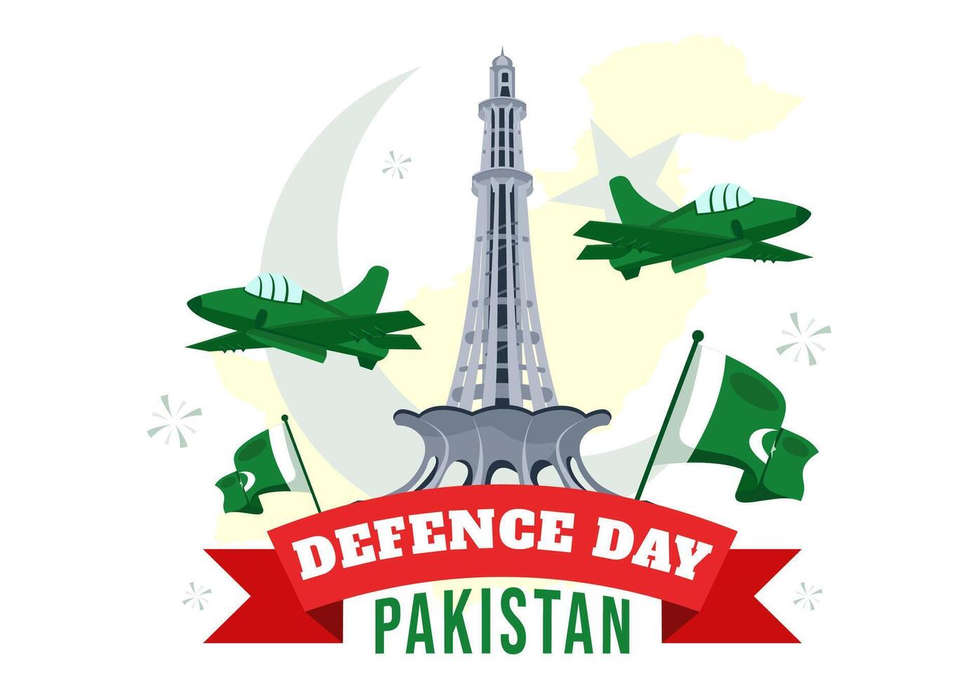 Pakistan Defence Day Illustration on 6th September featuring Waving Flag, Jets, Army, Building, and tanks in a Flat Style Cartoon Background vector