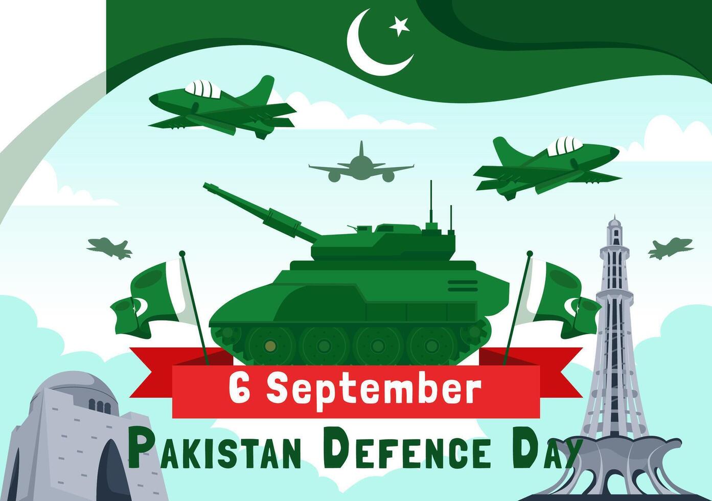 Pakistan Defence Day Illustration on 6th September featuring Waving Flag, Jets, Army, Building, and tanks in a Flat Style Cartoon Background vector