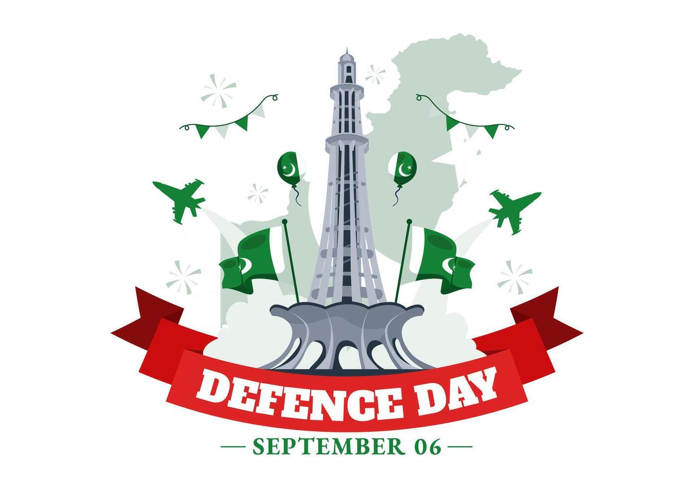 Pakistan Defence Day Illustration on 6th September featuring Waving Flag, Jets, Army, Building, and tanks in a Flat Style Cartoon Background vector