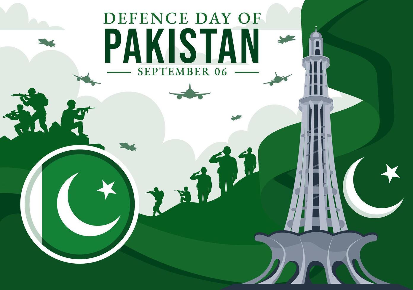 Pakistan Defence Day Illustration on 6th September featuring Waving Flag, Jets, Army, Building, and tanks in a Flat Style Cartoon Background vector