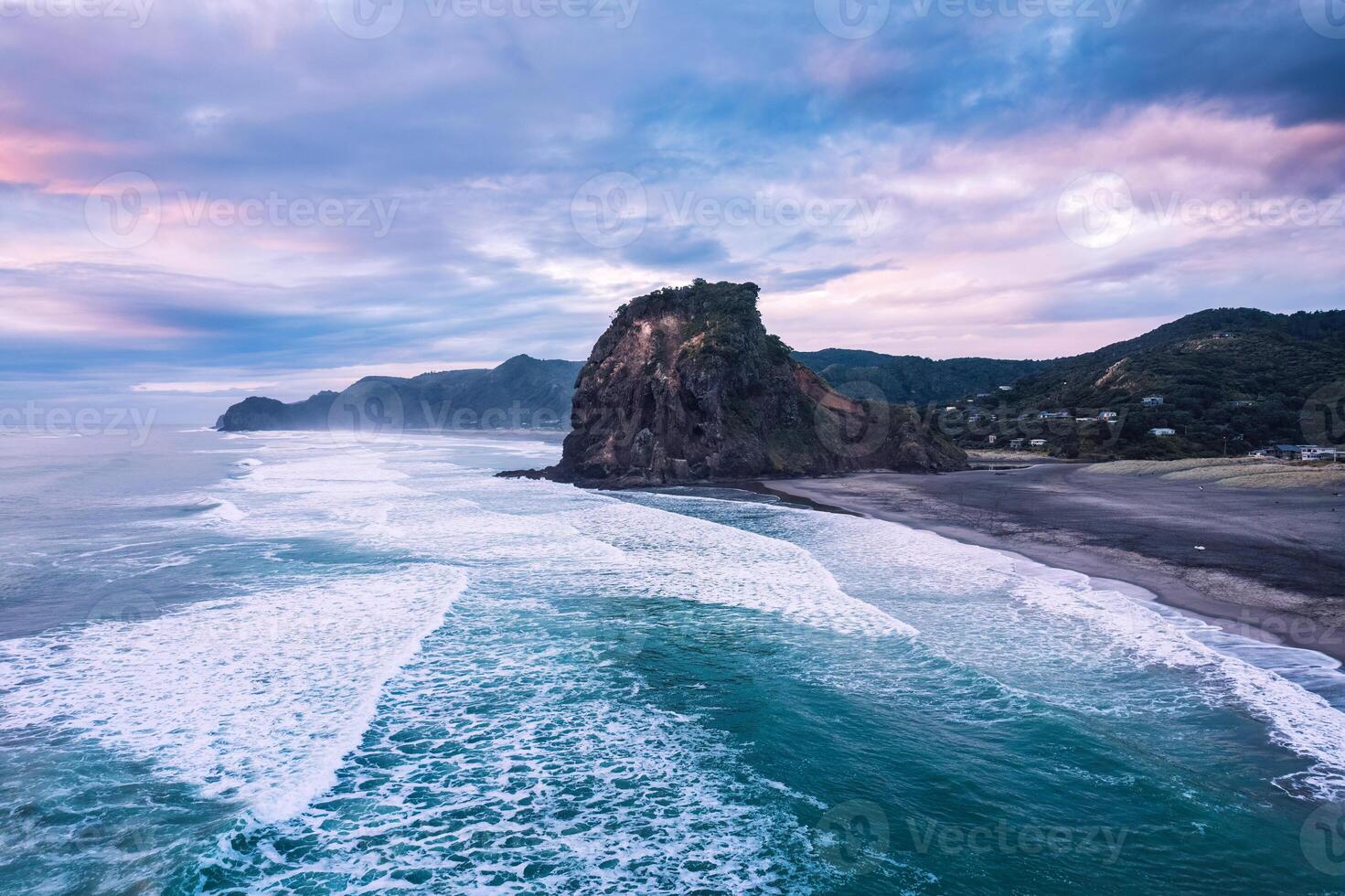 Beautiful iconic Lion Rock and breaking wave on Piha beach in the evening at Auckland, New Zealand photo
