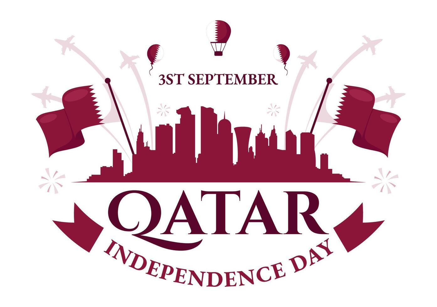 Happy Qatar Independence Day Illustration for September 3rd featuring a Waving Flag and Ribbon in a Flat Style Cartoon Background vector