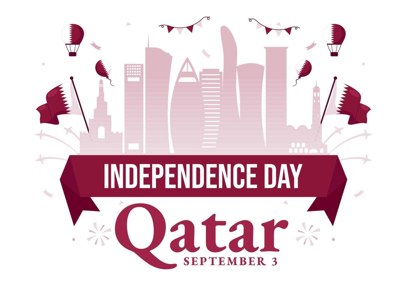 Happy Qatar Independence Day Illustration for September 3rd featuring a Waving Flag and Ribbon in a Flat Style Cartoon Background vector
