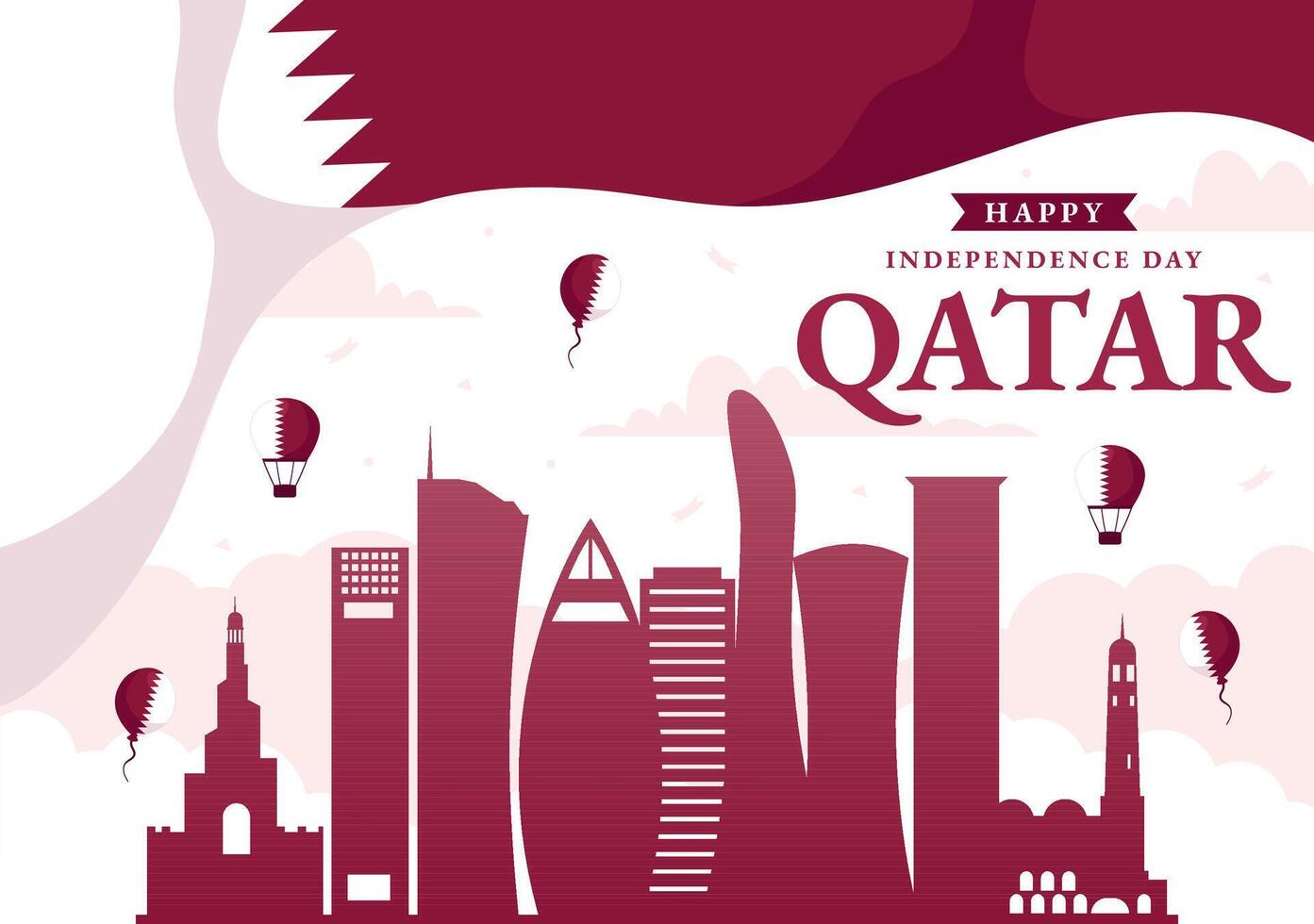 Happy Qatar Independence Day Illustration for September 3rd featuring a Waving Flag and Ribbon in a Flat Style Cartoon Background vector