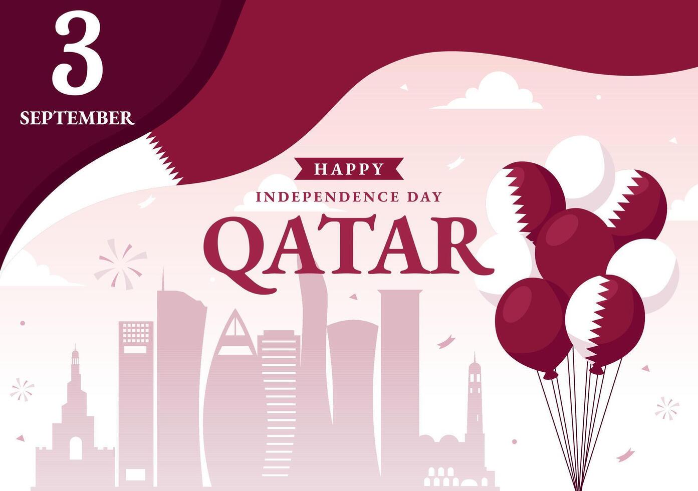 Happy Qatar Independence Day Illustration for September 3rd featuring a Waving Flag and Ribbon in a Flat Style Cartoon Background vector