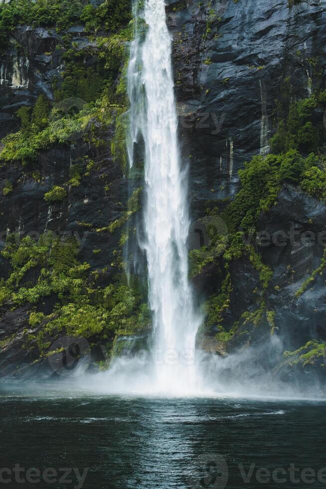 Moody waterfall flowing in tropical rainforest at Milford Sound photo