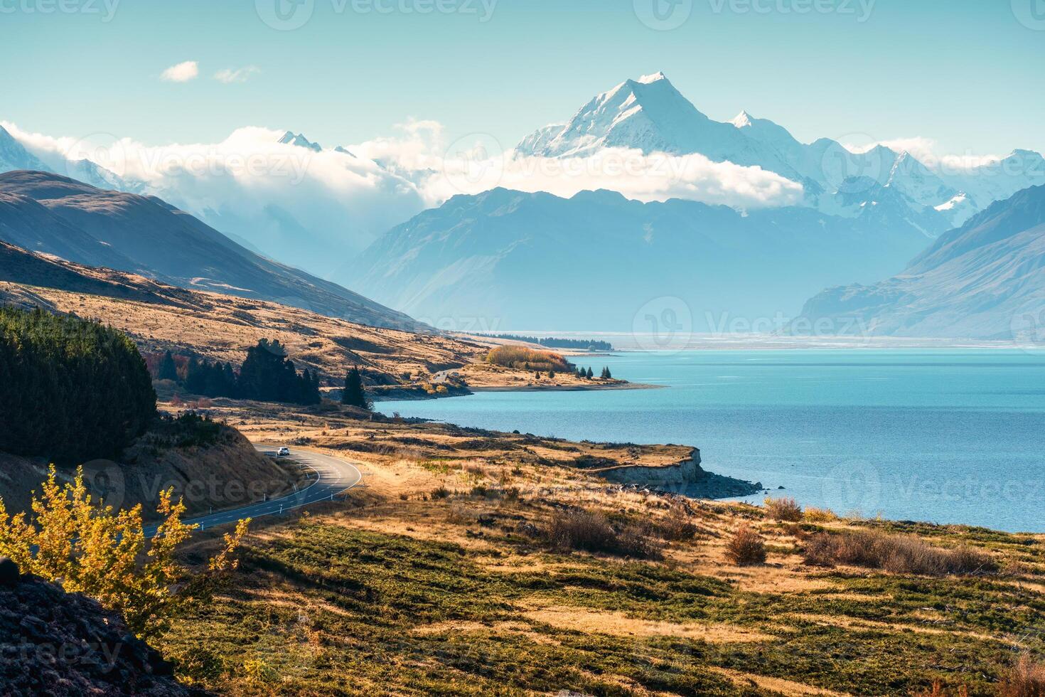 Viewpoint from Peters Lookout of Mount Cook and Lake Pukaki in autumn photo