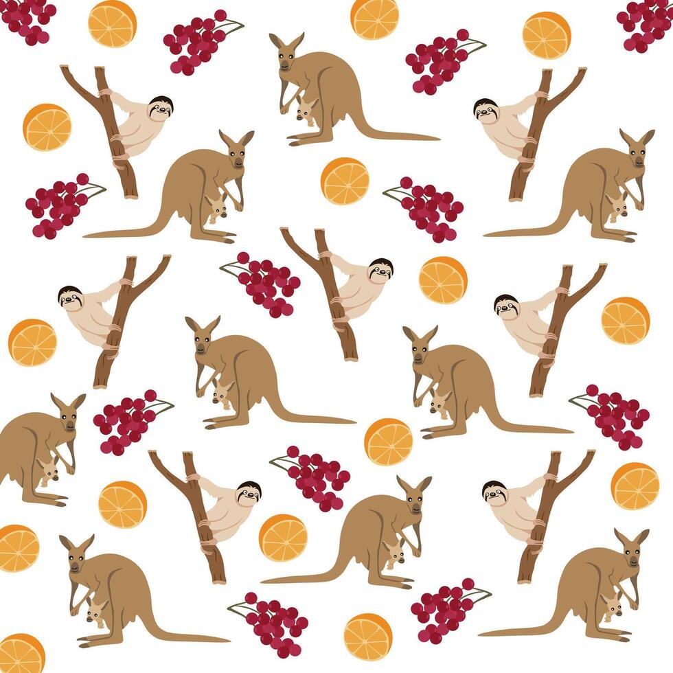 cute sloth, kangaroo with berries, oranges as a pattern background vector