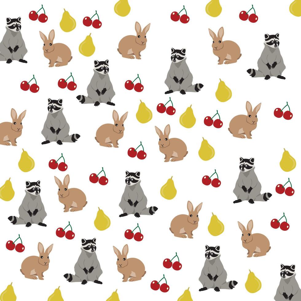 cute rabbit, raccoon with cherry and pear as a pattern background vector