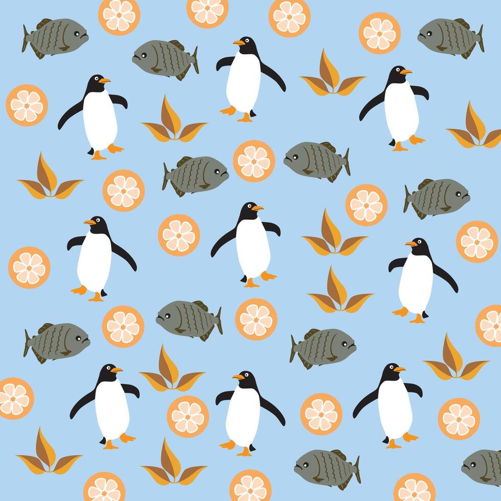 cute penguins, fish with oranges and leaves as a pattern background vector