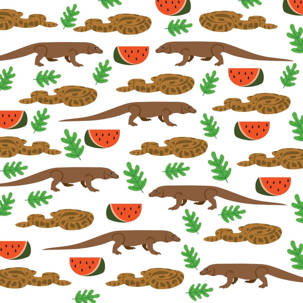 komodo dragon, anaconda with watermelon and leaves as a pattern background vector
