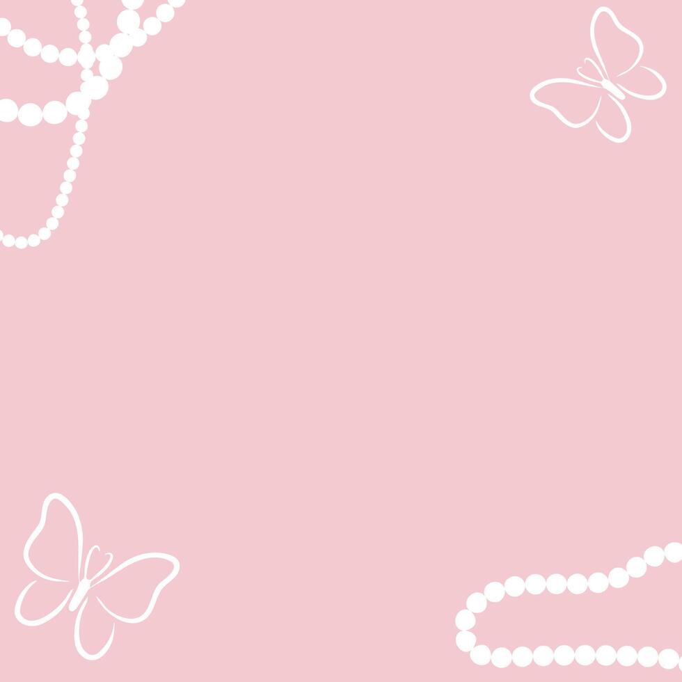 Pink background with white pearls border and butterfly drawing graphic illustration for banner, card and social media post vector