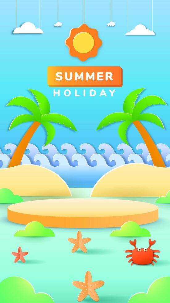 Vertical Summer holiday podium with paper cut style symbols and icons for greeting cards. Invitation background. Ideal for advertising, banners, cards, stickers and greeting card. vector