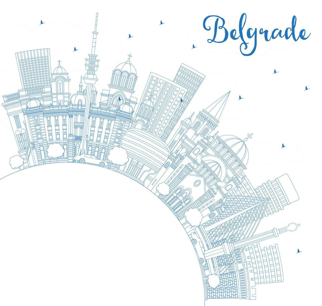 Outline Belgrade Serbia City Skyline with Blue Buildings and Copy Space. Belgrade Cityscape with Landmarks. Business Travel and Tourism Concept with Historic Architecture. vector