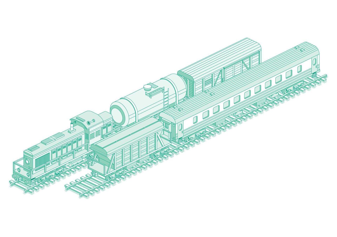 Isometric train engine. Locomotive with railroad tank car, passenger railroad car, hopper car and freight railroad car. Railway. vector