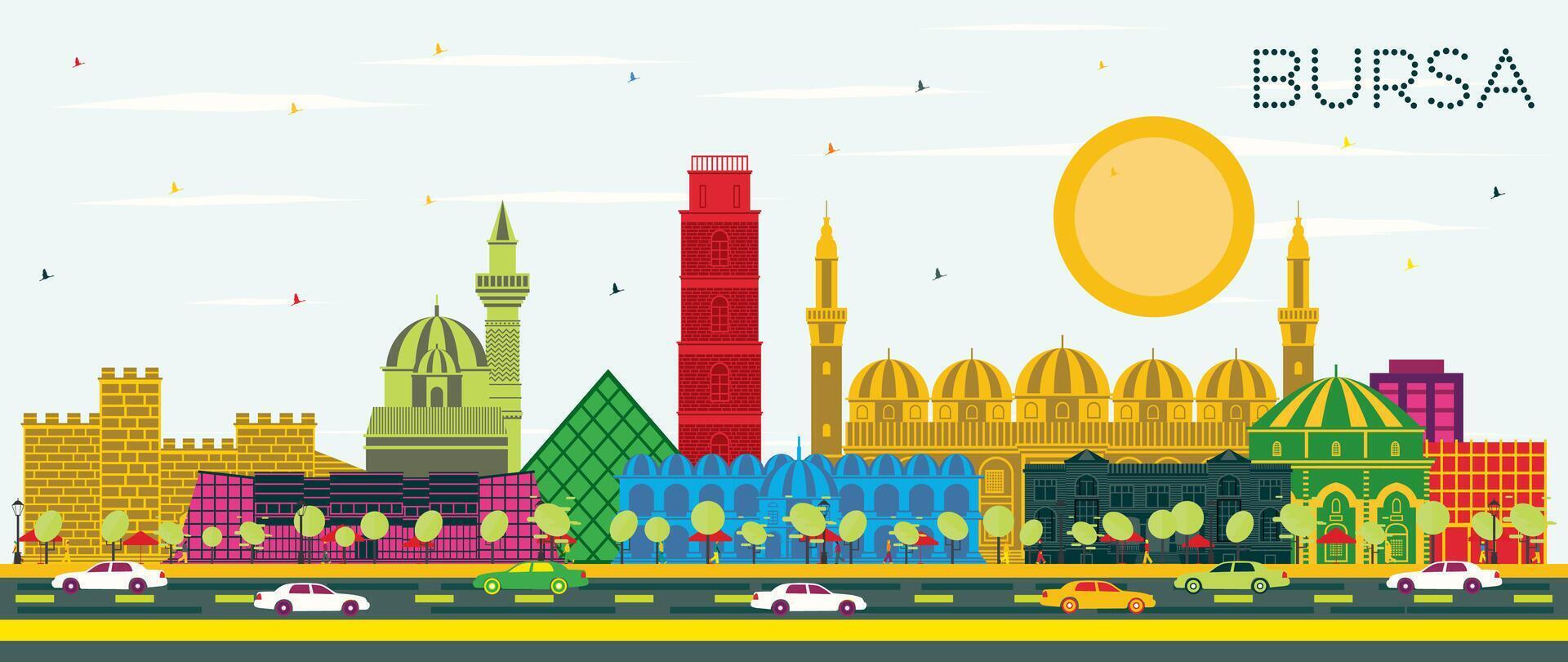Bursa Turkey City Skyline with Color Buildings and Blue Sky. Business Travel and Concept with Historic Architecture. Bursa Cityscape with Landmarks. vector