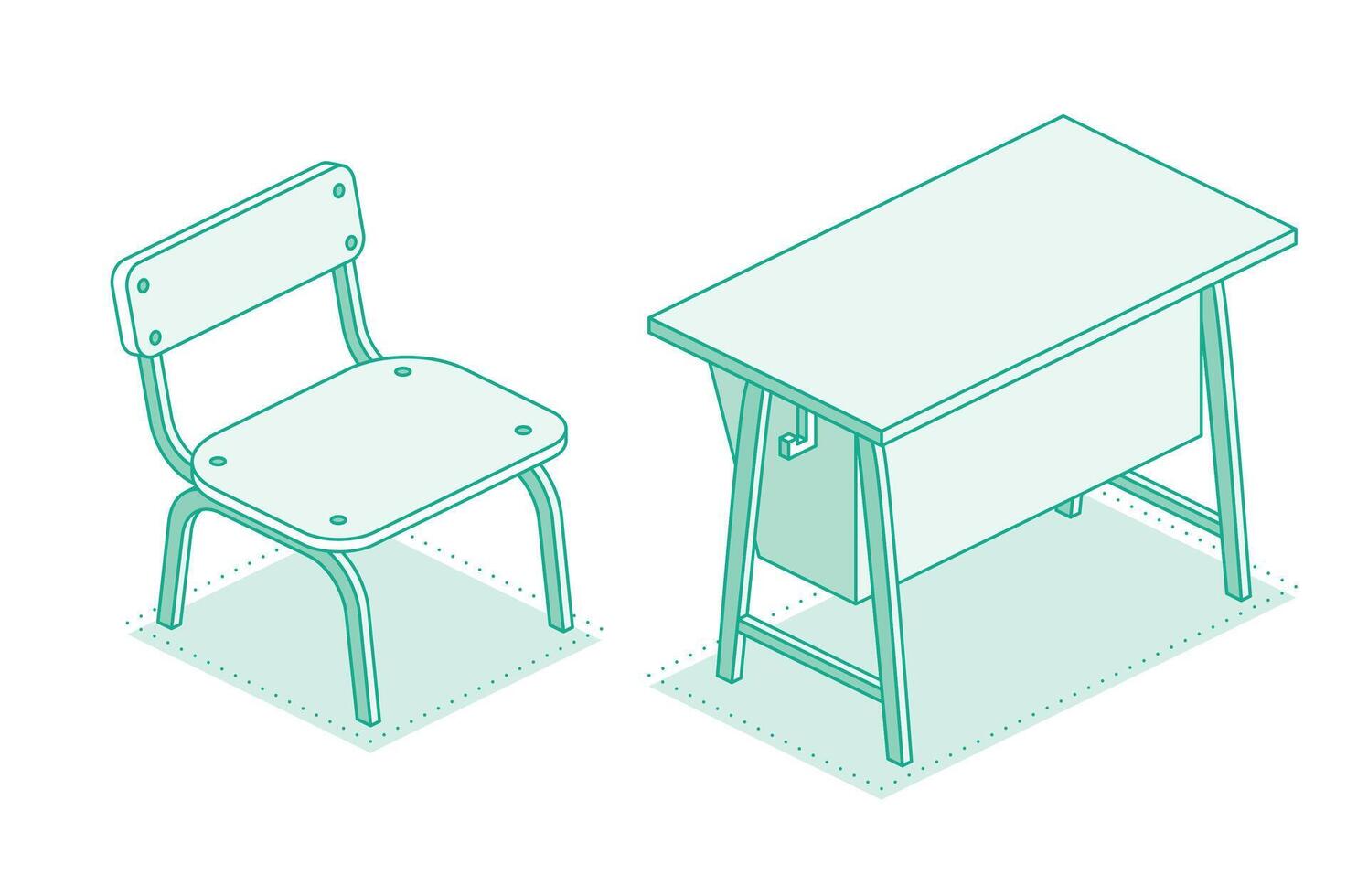 Isometric school desk table and chair. Outline object isolated on white background. Classroom. vector