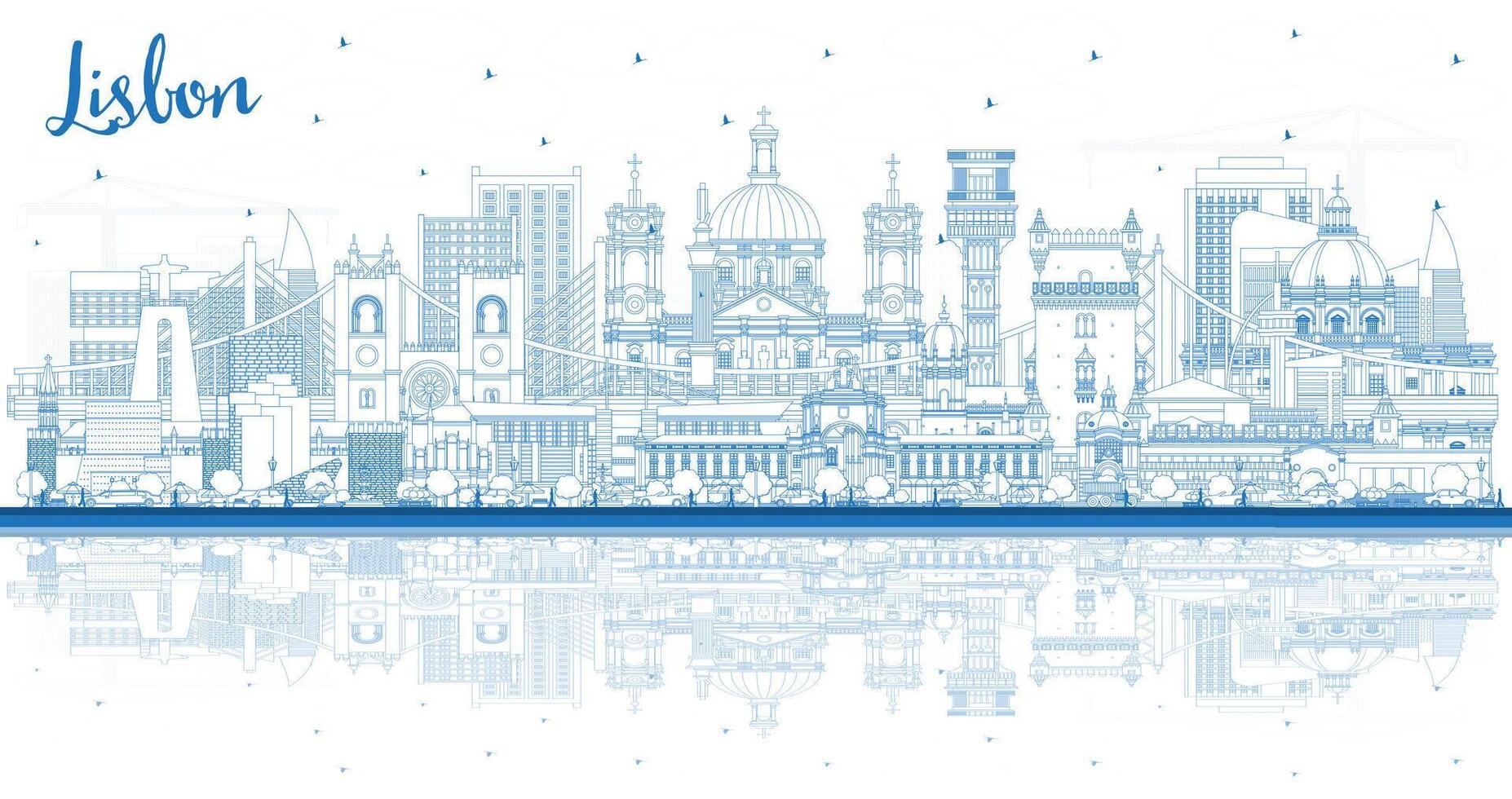 Outline Lisbon Portugal city skyline with blue buildings and reflections. Lisbon cityscape with landmarks. Business travel and tourism concept with historic architecture. vector