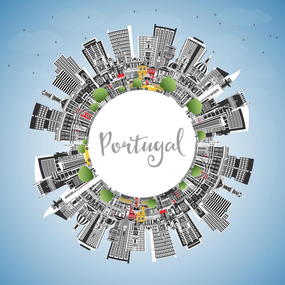 Portugal. City Skyline with Gray Buildings, Blue Sky and Copy Space. Concept with Modern and Historic Architecture. Portugal Cityscape with Landmarks. Porto and Lisbon. vector