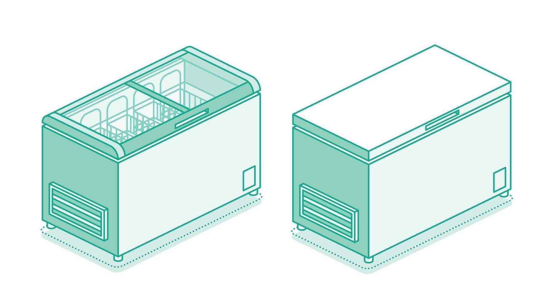 Isometric street freezer. Set of freezers isolated on white background. Outline style. vector