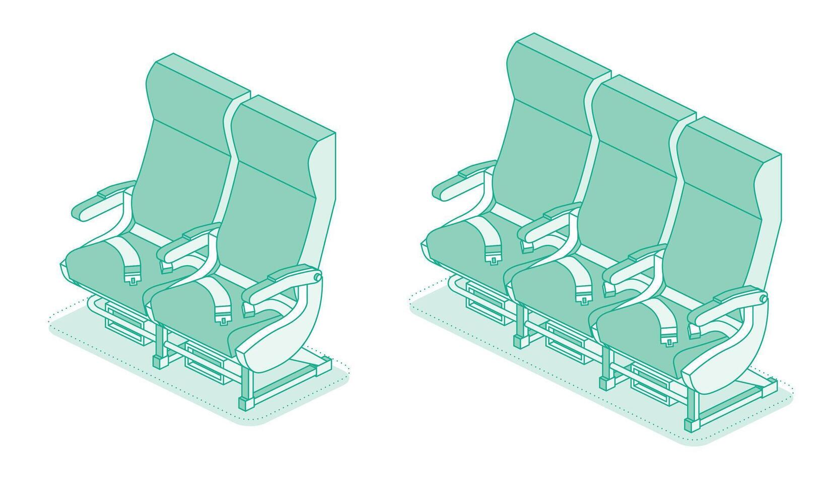Isometric airplane seats. Economy class seats. Outline objects isolated on white background. Aircraft interior armchair. vector