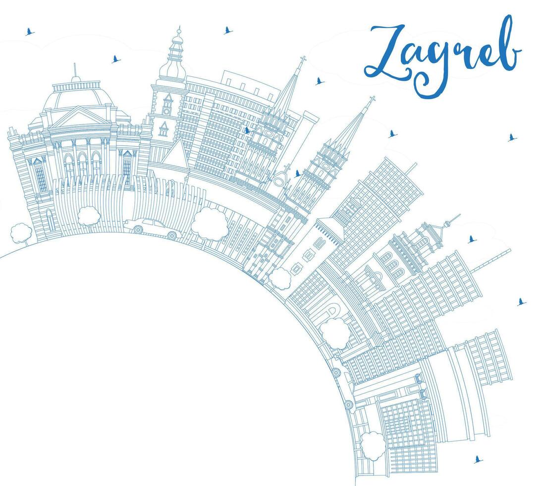 Outline Zagreb Croatia City Skyline with Blue Buildings and Copy Space. Zagreb Cityscape with Landmarks. Business Travel and Tourism Concept with Historic Architecture. vector