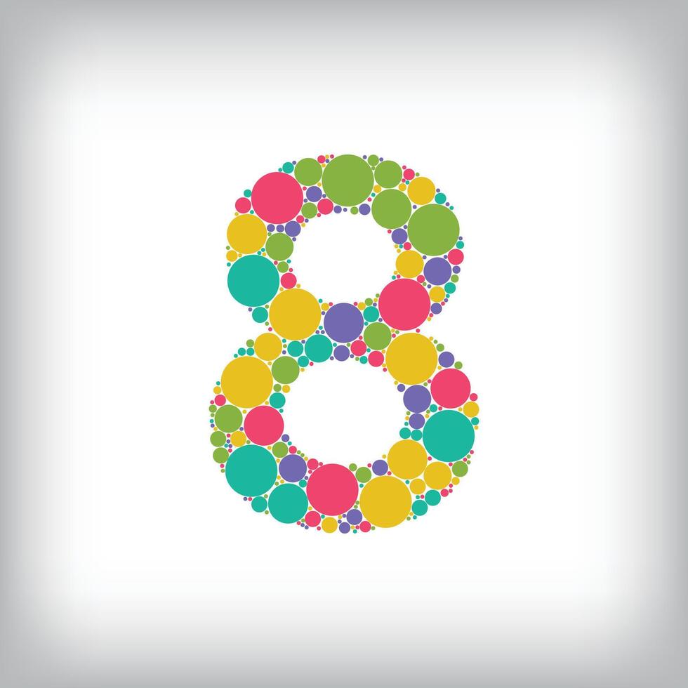 Number 8 made of creative colored dots or filled with circles. Creative fonts with unique Numbers and symbols. vector