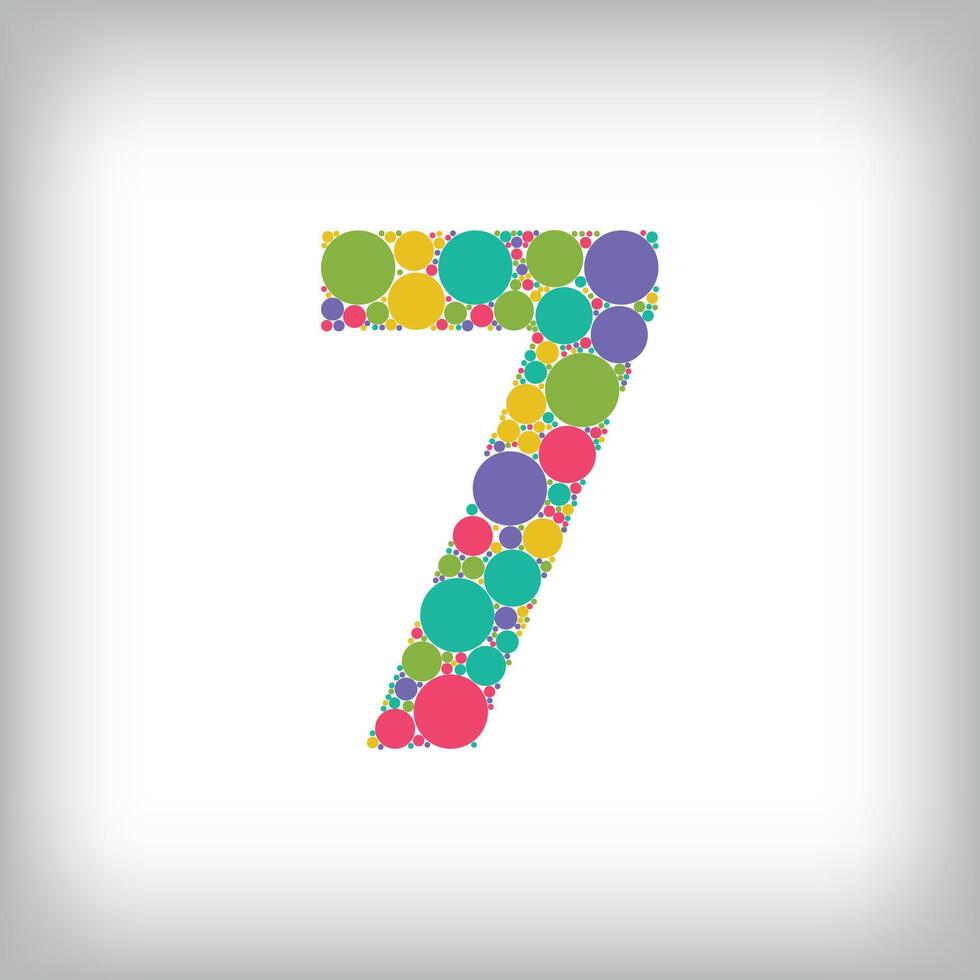 Number 7 made of creative colored dots or filled with circles. Creative fonts with unique Numbers and symbols. vector