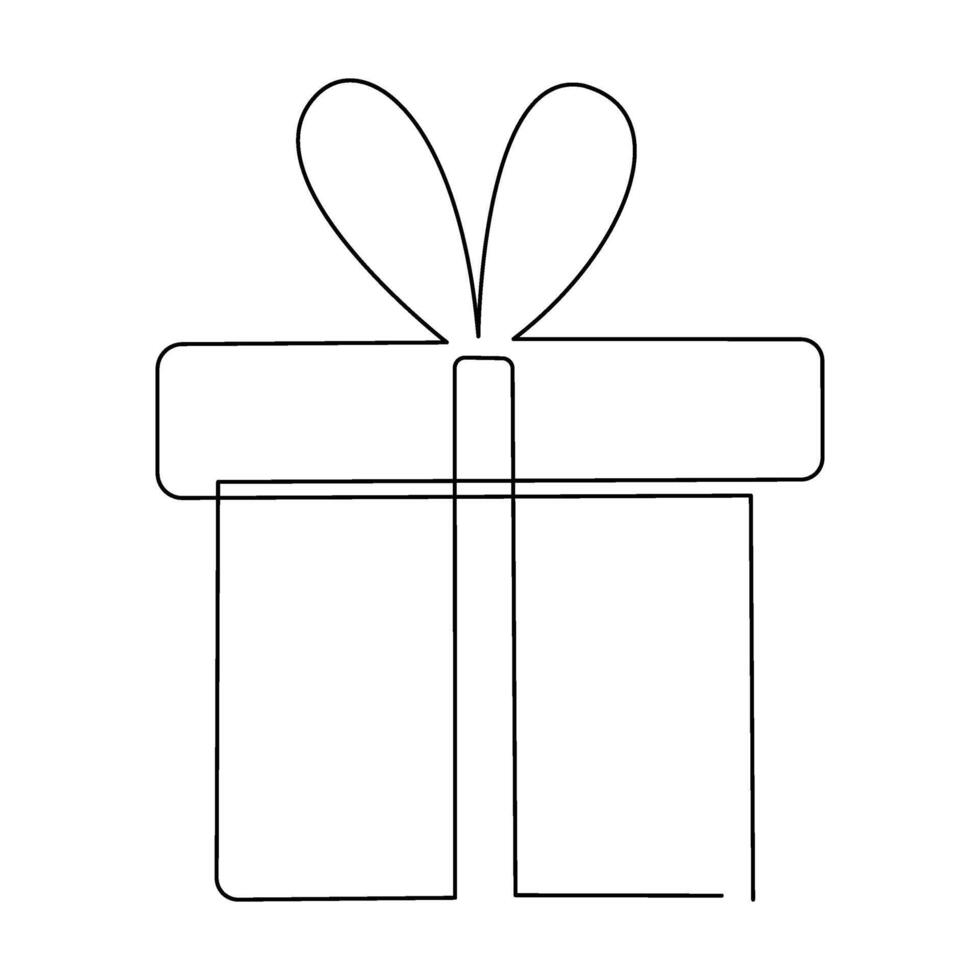 Gift box continuous one line drawing on white background. vector