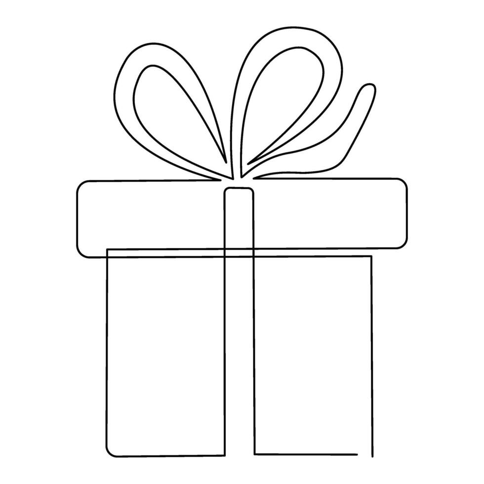 Gift box continuous one line drawing on white background. vector