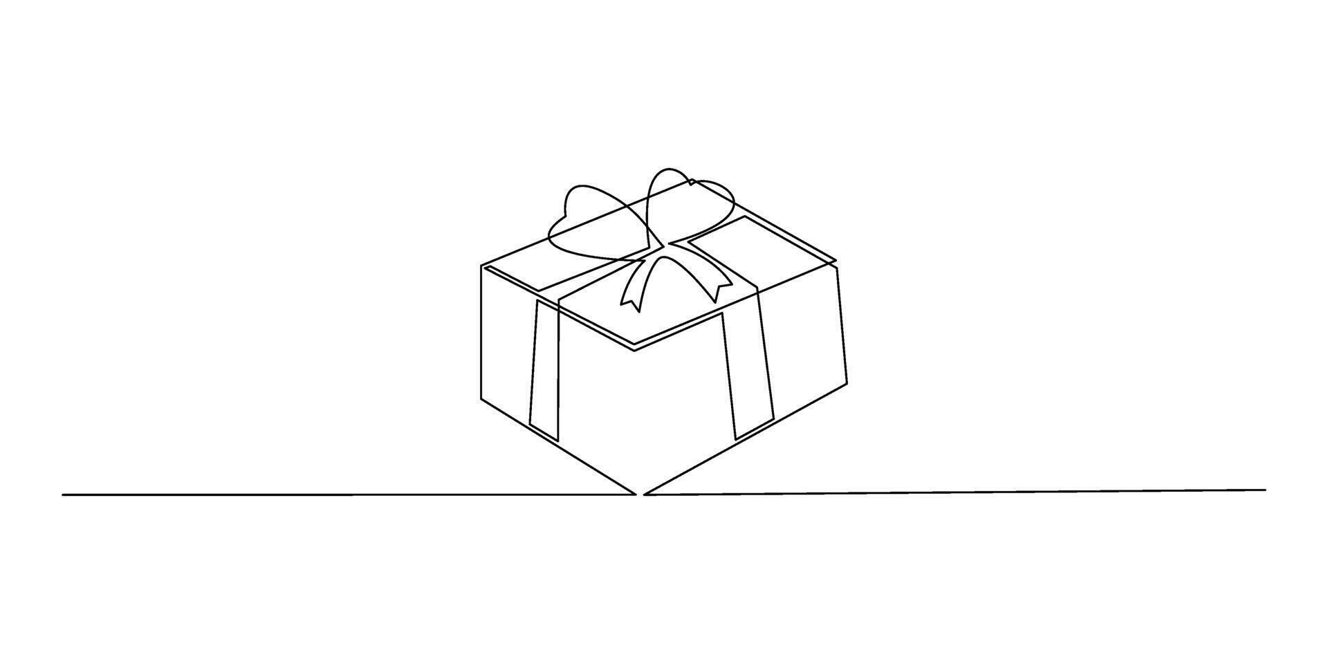 Gift box continuous one line drawing on white background. vector