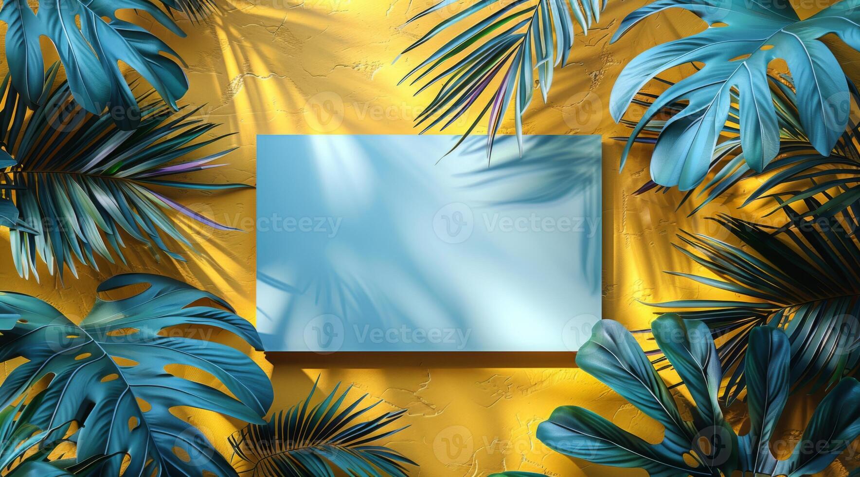 Tropical leaves on a vibrant yellow background with a blank blue card for creative design mockups. photo