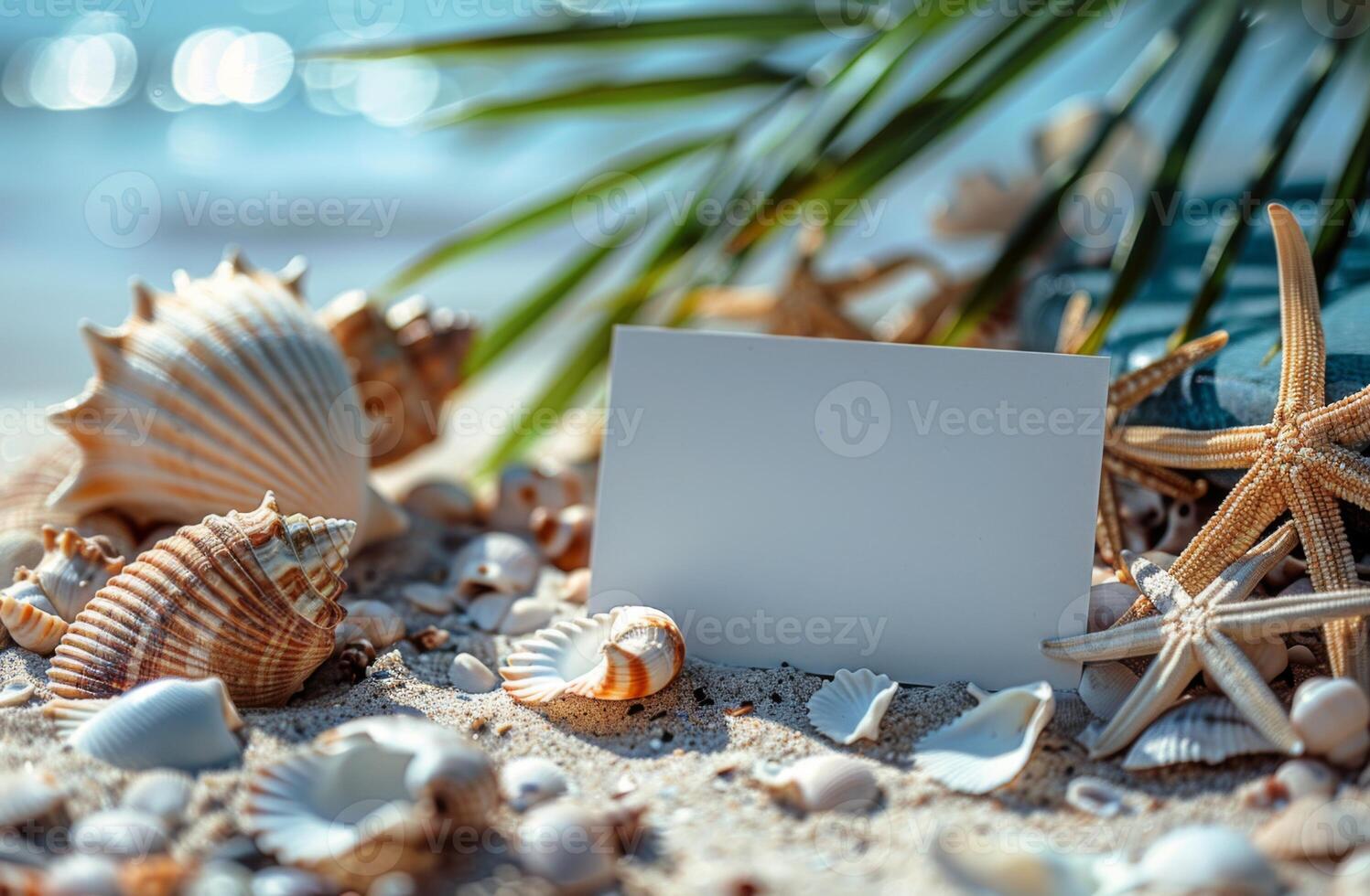 Blank card on sandy beach with seashells, starfish, and palm leaves in sunlight, tropical scene photo