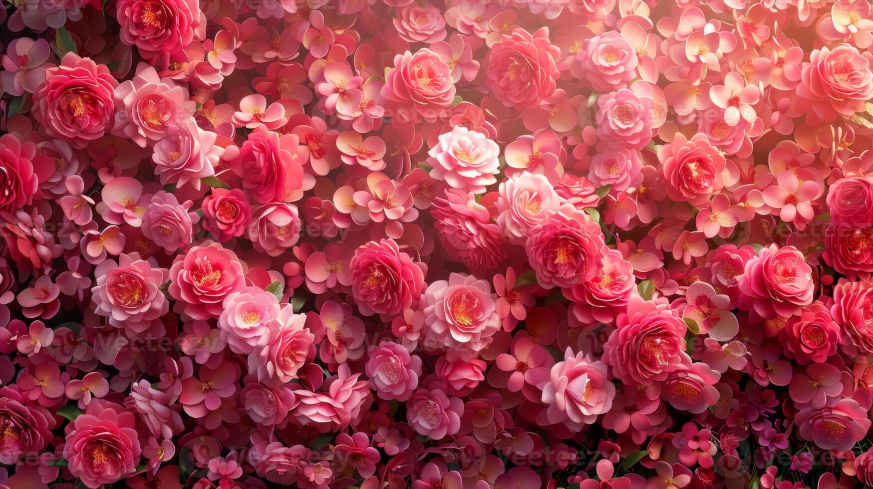 lush wall of vibrant magenta pink roses in full bloom, creating a romantic and elegant floral background photo