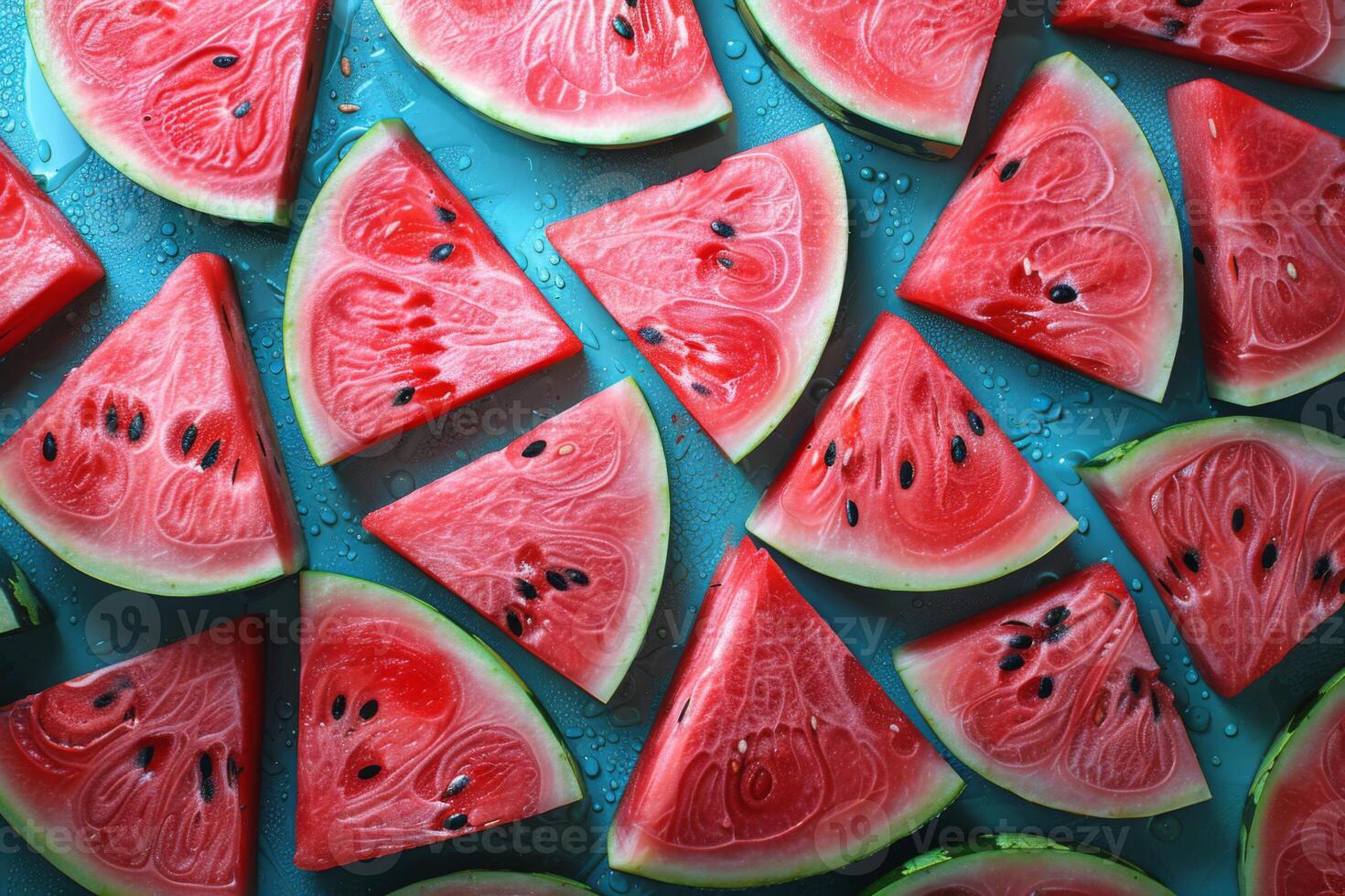 A vibrant and refreshing image of sliced watermelon, showcasing the juicy red flesh, black seeds, and green rind. The watermelon slices are arranged on a blue background with water photo