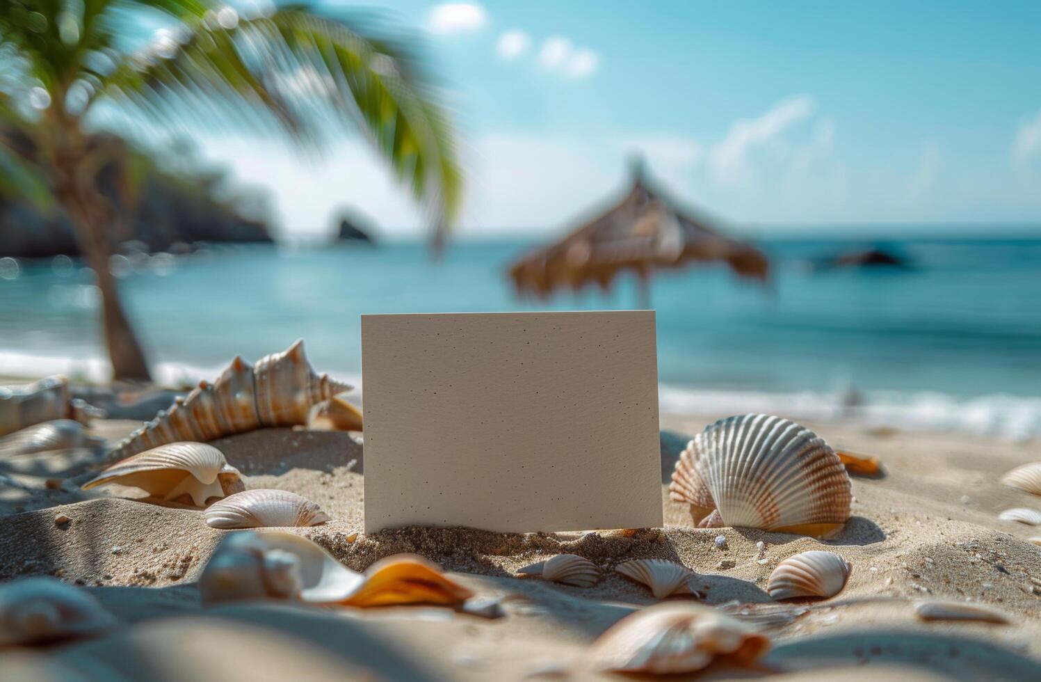 Blank card on a sandy beach with seashells, palm trees, and ocean in the background, tropical vibe photo