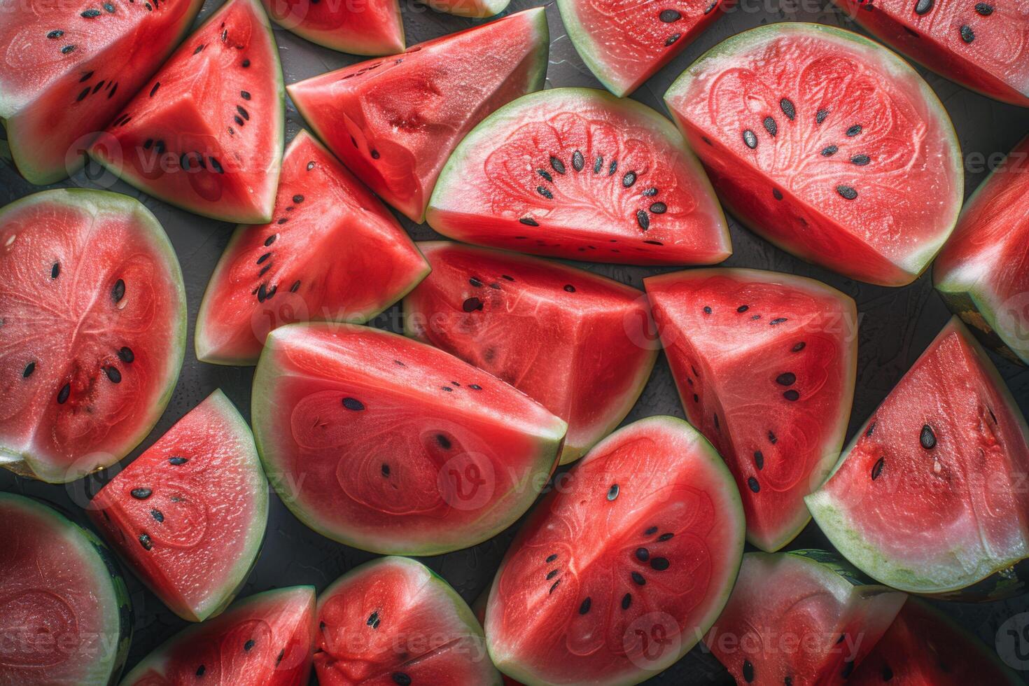 Freshly cut watermelon slices arranged on a surface, showcasing their vibrant red flesh and black seeds. The juicy and refreshing fruit, perfect for summer, offers a healthy and delicious photo