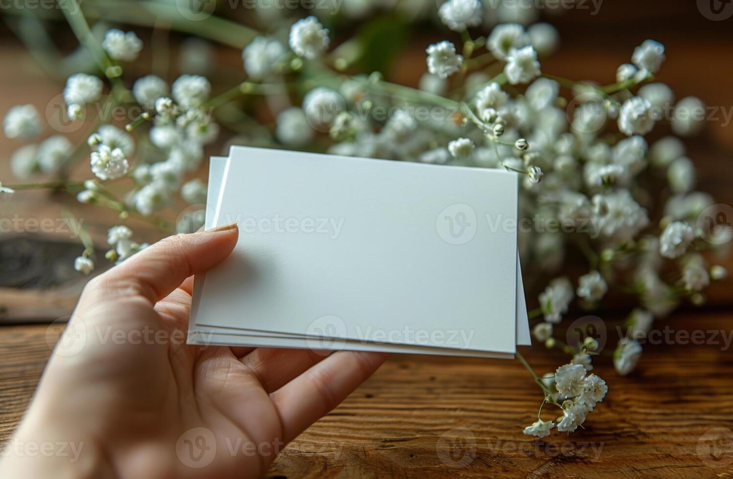 Hand holding blank business cards with white flowers on rustic wooden table, floral background photo