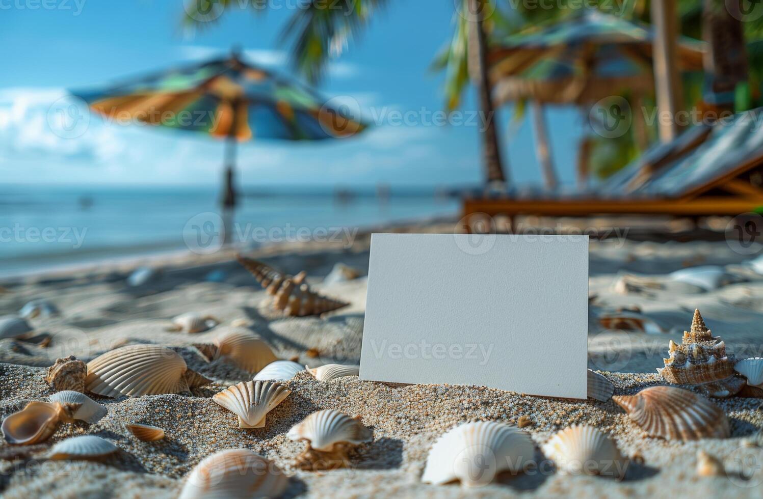 Blank card on a sandy beach with seashells, palm trees, and colorful umbrellas, tropical vibe photo
