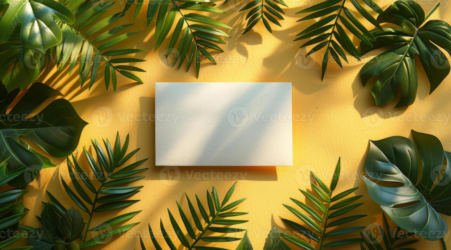 Blank business card on a vibrant yellow background surrounded by green tropical leaves and sunlight photo