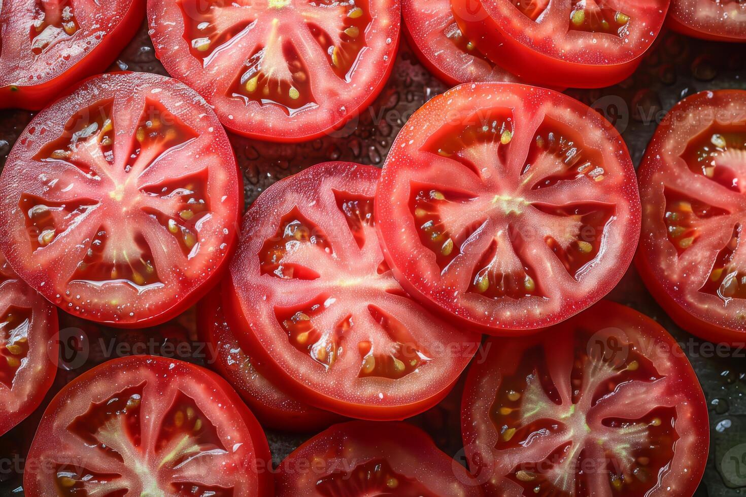 Slices of fresh, juicy red tomatoes with seeds and moisture, perfect for salads and healthy dishes photo