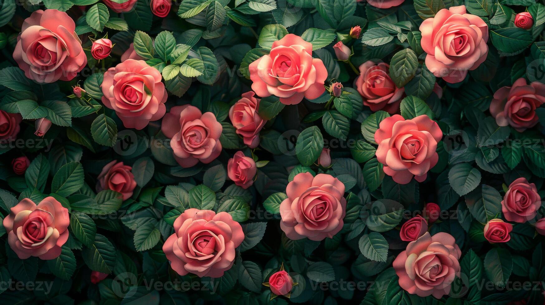 lush wall of vibrant pink roses in full bloom, surrounded by green leaves, creating a romantic scene photo
