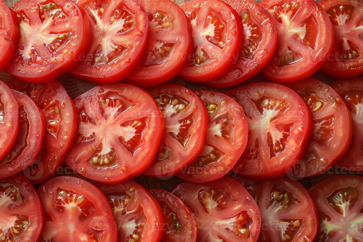 Close-up of fresh, juicy tomato slices arranged in a vibrant, appetizing pattern photo