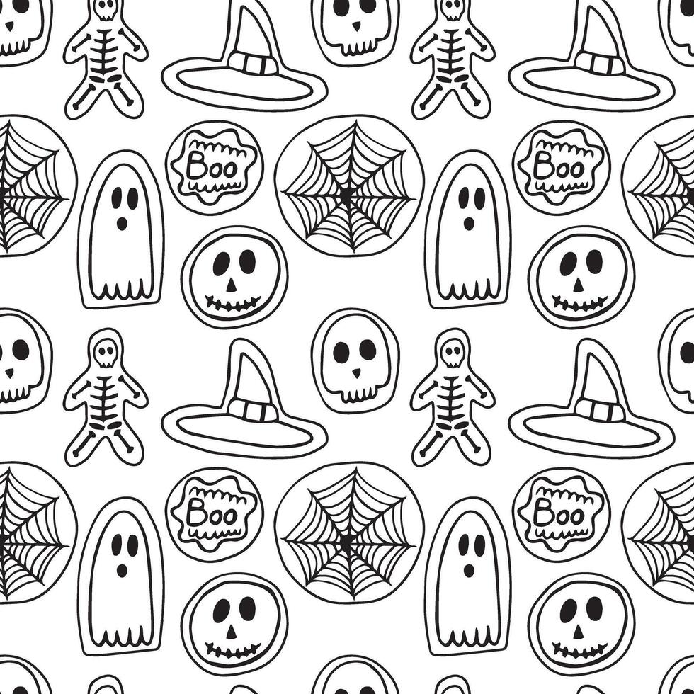 Halloween cookies seamless pattern. Different Halloween scary cookies pattern on white background vector