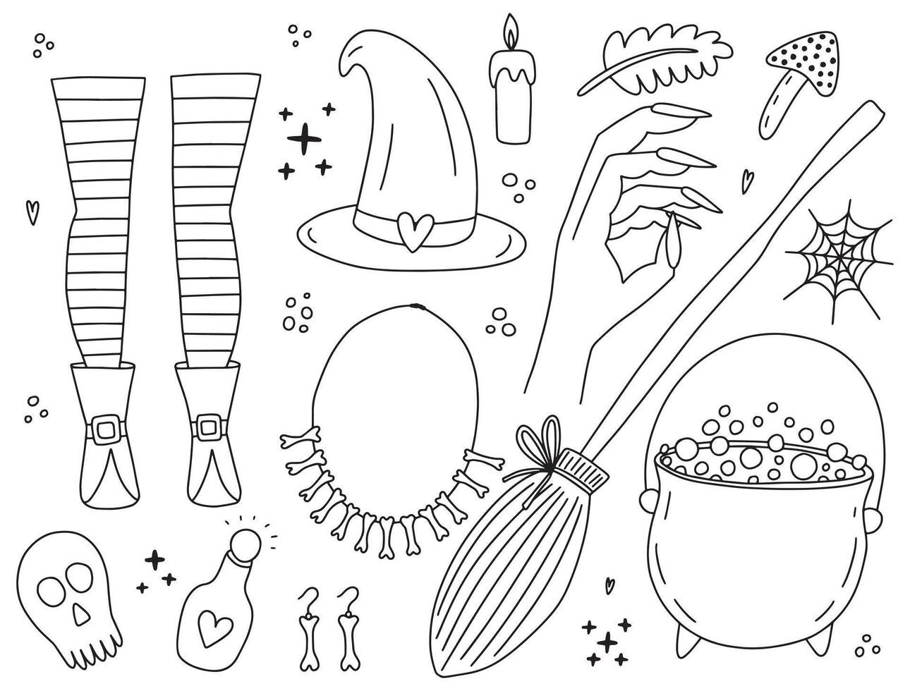 Halloween elements doodle set. Witch legs in tights, witch hand, broom, bone necklace vector