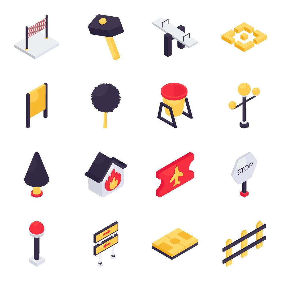 Set of City Elements and Equipment Isometric Icons vector