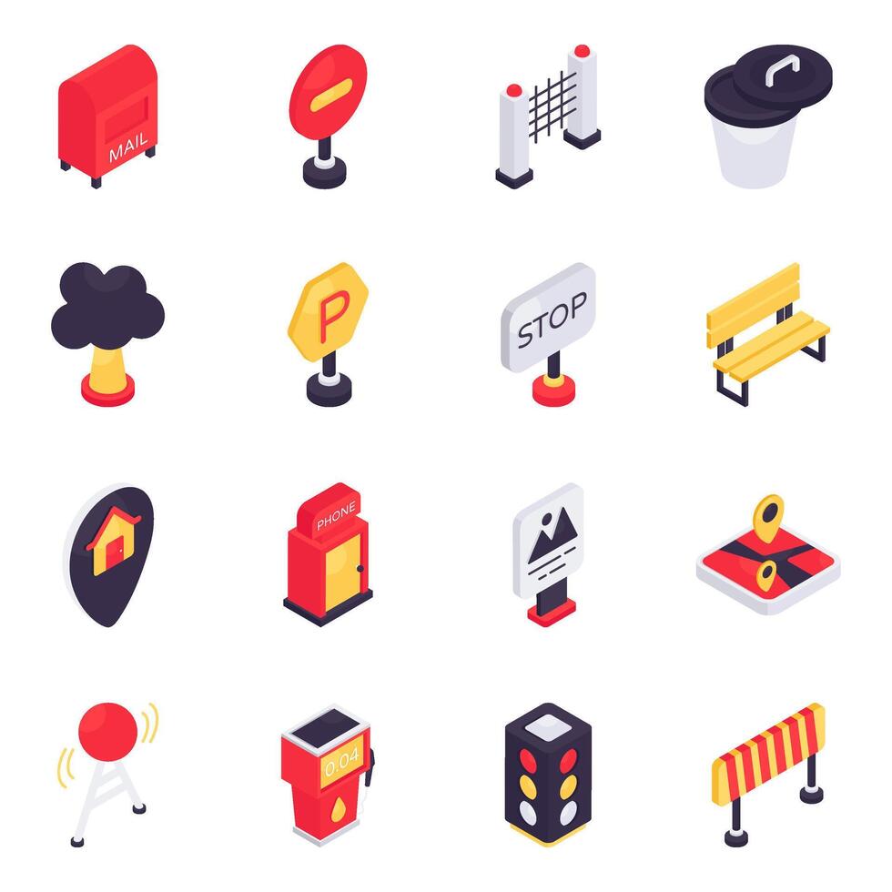 Set of City Elements Isometric Icons vector