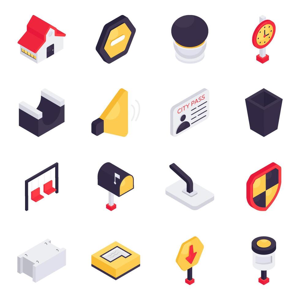Set of City Elements and Road Signs Isometric Icons vector