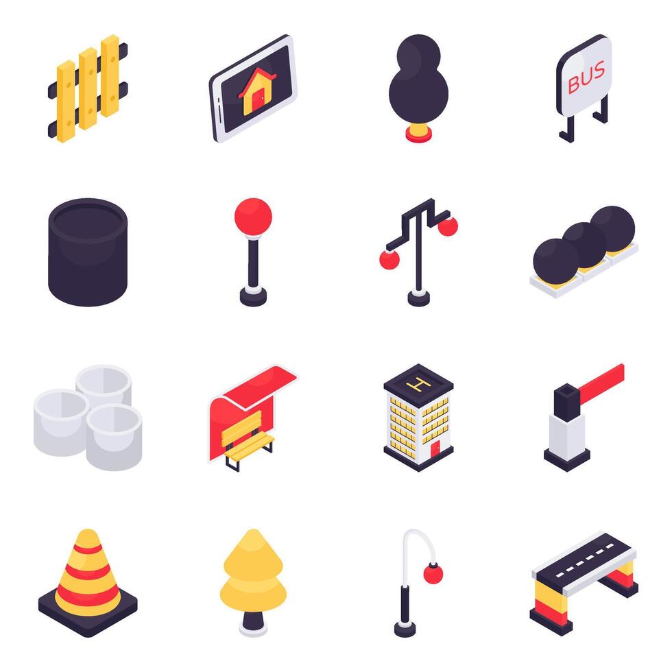 Set of City Accessories Isometric Icons vector