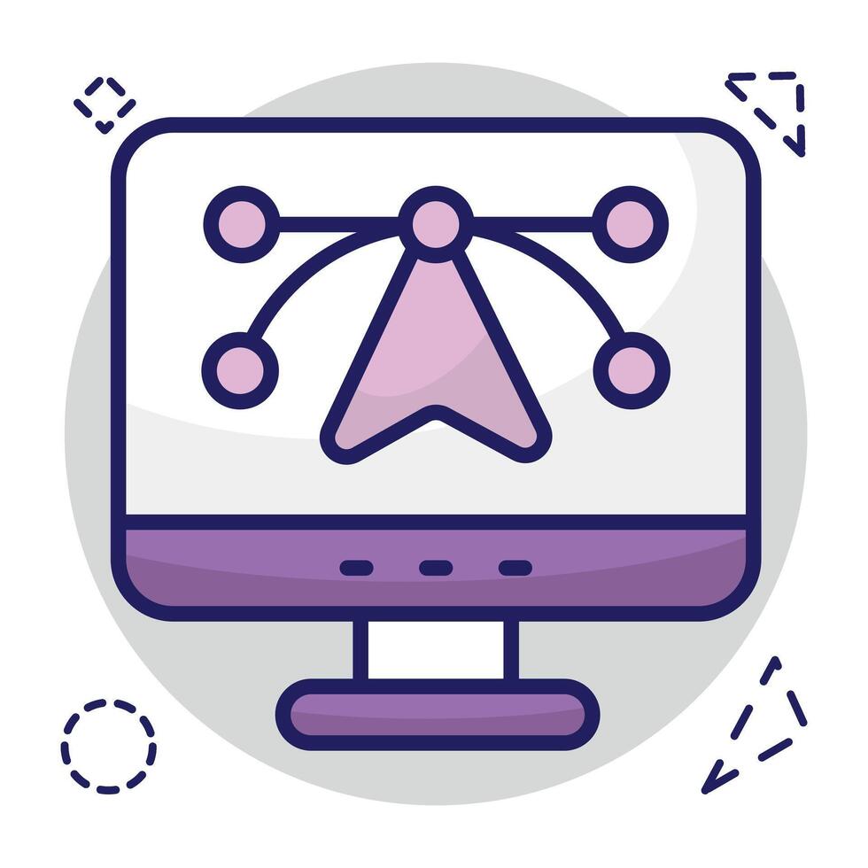 Pen with nodes inside monitor, bezier tool icon vector